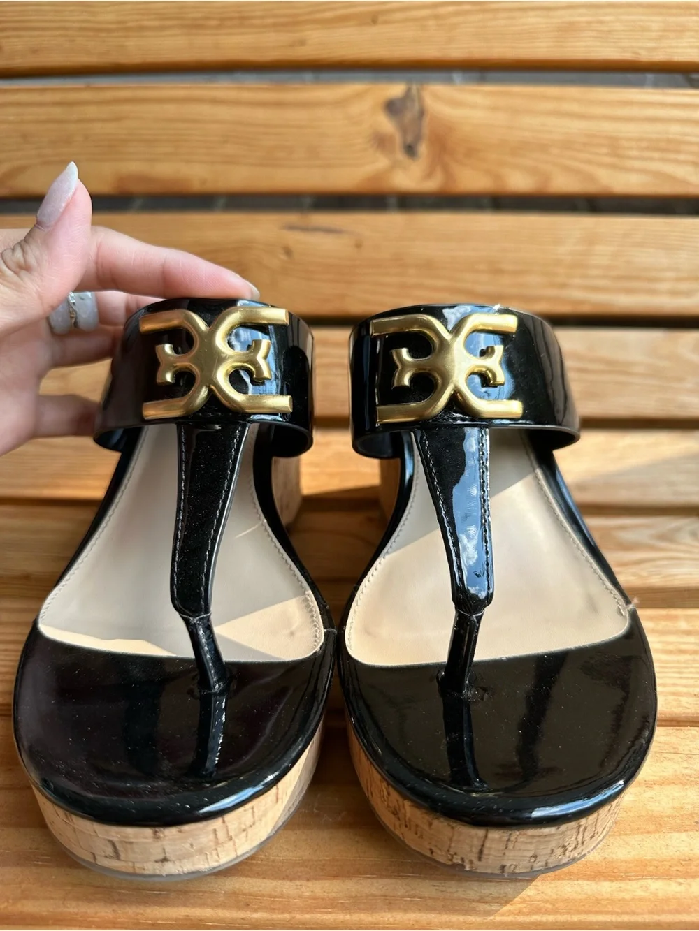 Sam Edelman Black Patent Cork Wedge Sandals with Gold Logo